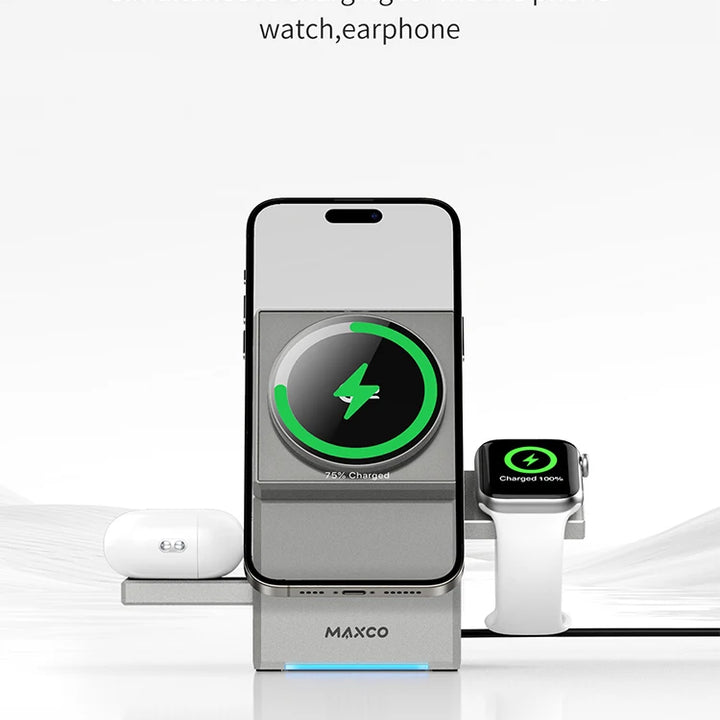 MAXCO Qi2 3-in-1 Wireless Charger with Auto-Rotating Dock for IPhone 16/15/14 Pro Max, AirPods, and IWatch Fast Charging