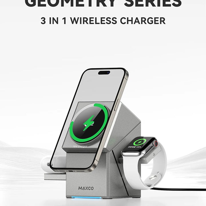 MAXCO Qi2 3-in-1 Wireless Charger with Auto-Rotating Dock for IPhone 16/15/14 Pro Max, AirPods, and IWatch Fast Charging